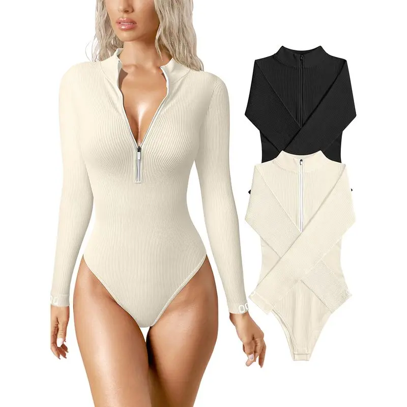 Women's 2 Piece Bodysuits Sexy Ribbed One Piece Zip Front Long Sleeve Tops Bodysuits