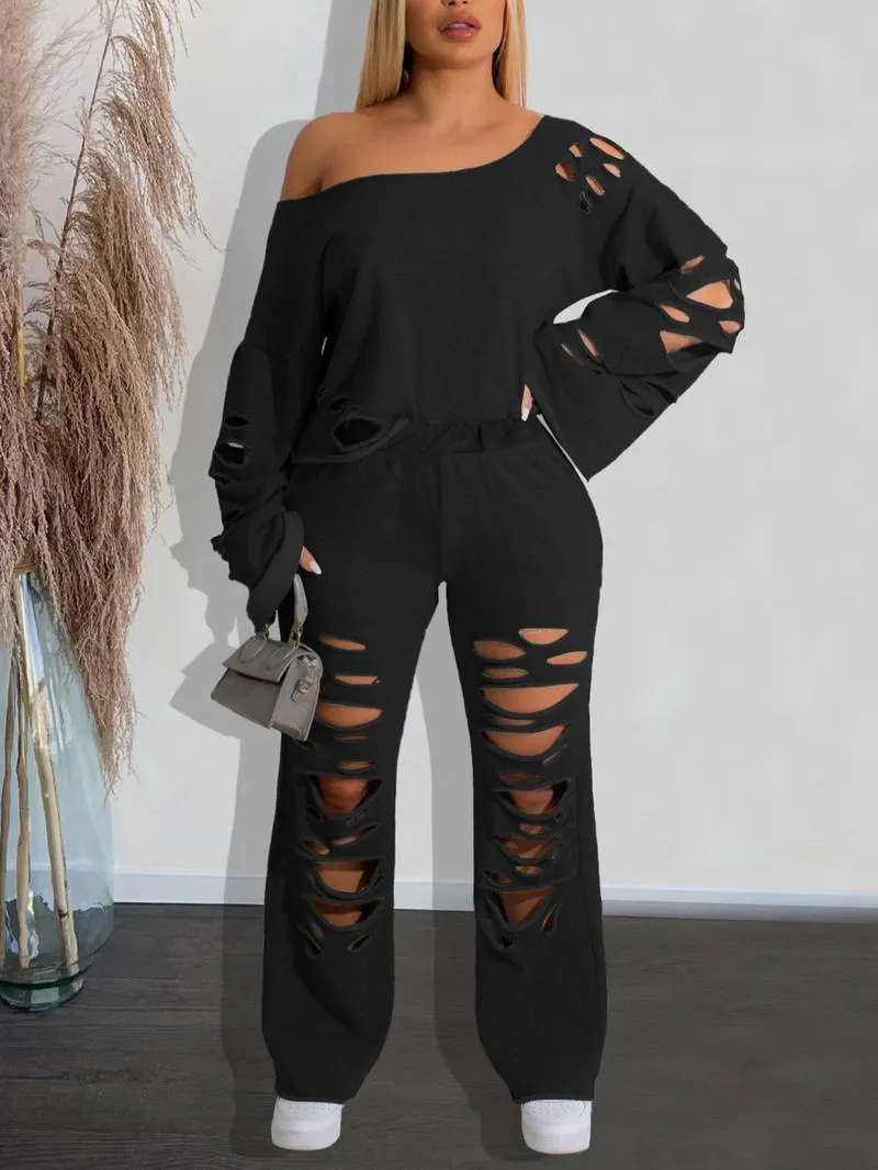Women's Ripped Asymmetrical Neck Pullover & Wide Leg Pants Set