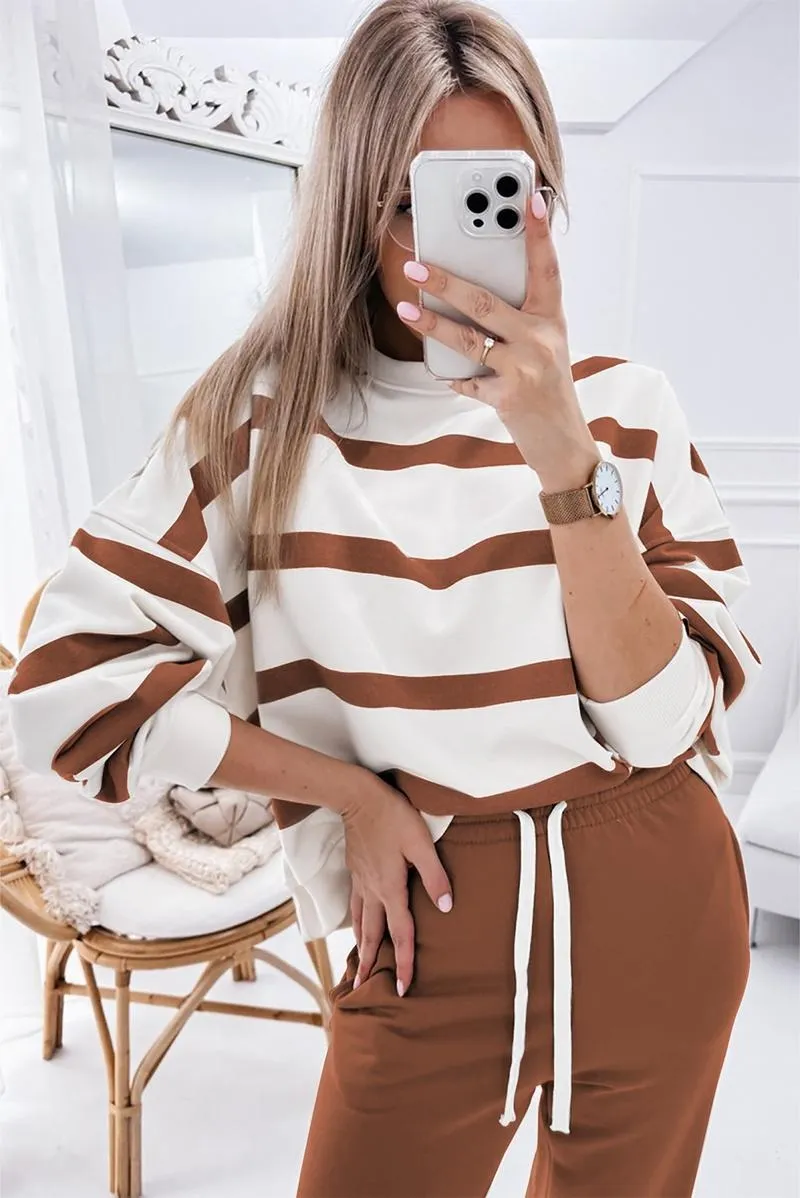 Women's Striped Two Piece Outfit Long Sleeve Drop Shoulder Pullover Tops & Jogger Pants Sets