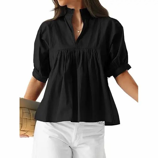 Women's V Neck Puff Sleeve Blouse – Babydoll Peplum Loose Fit Top