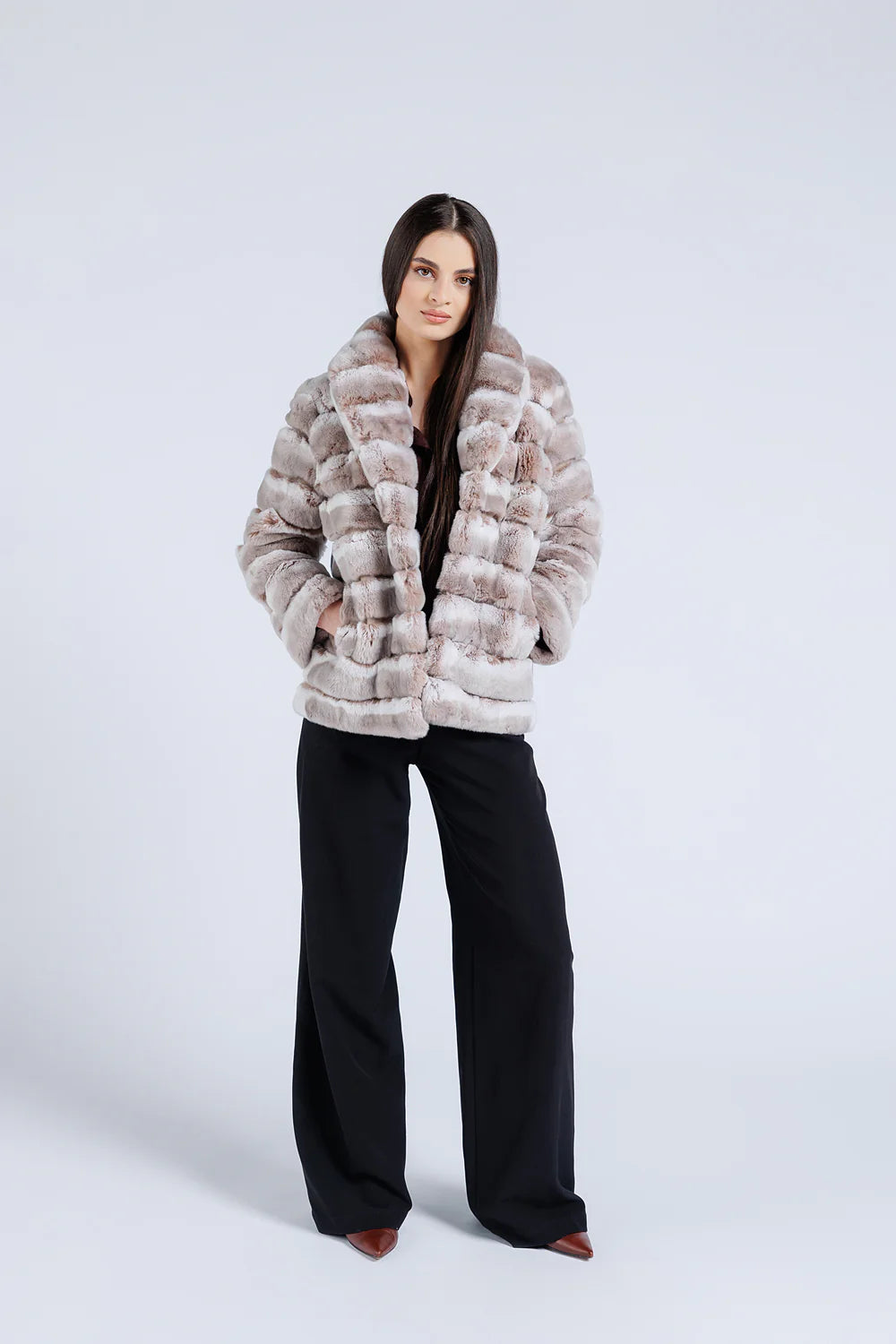 Haină din Blană Naturală de Rex Chinchilla, Guler Rever, Femei, Pearl 176
