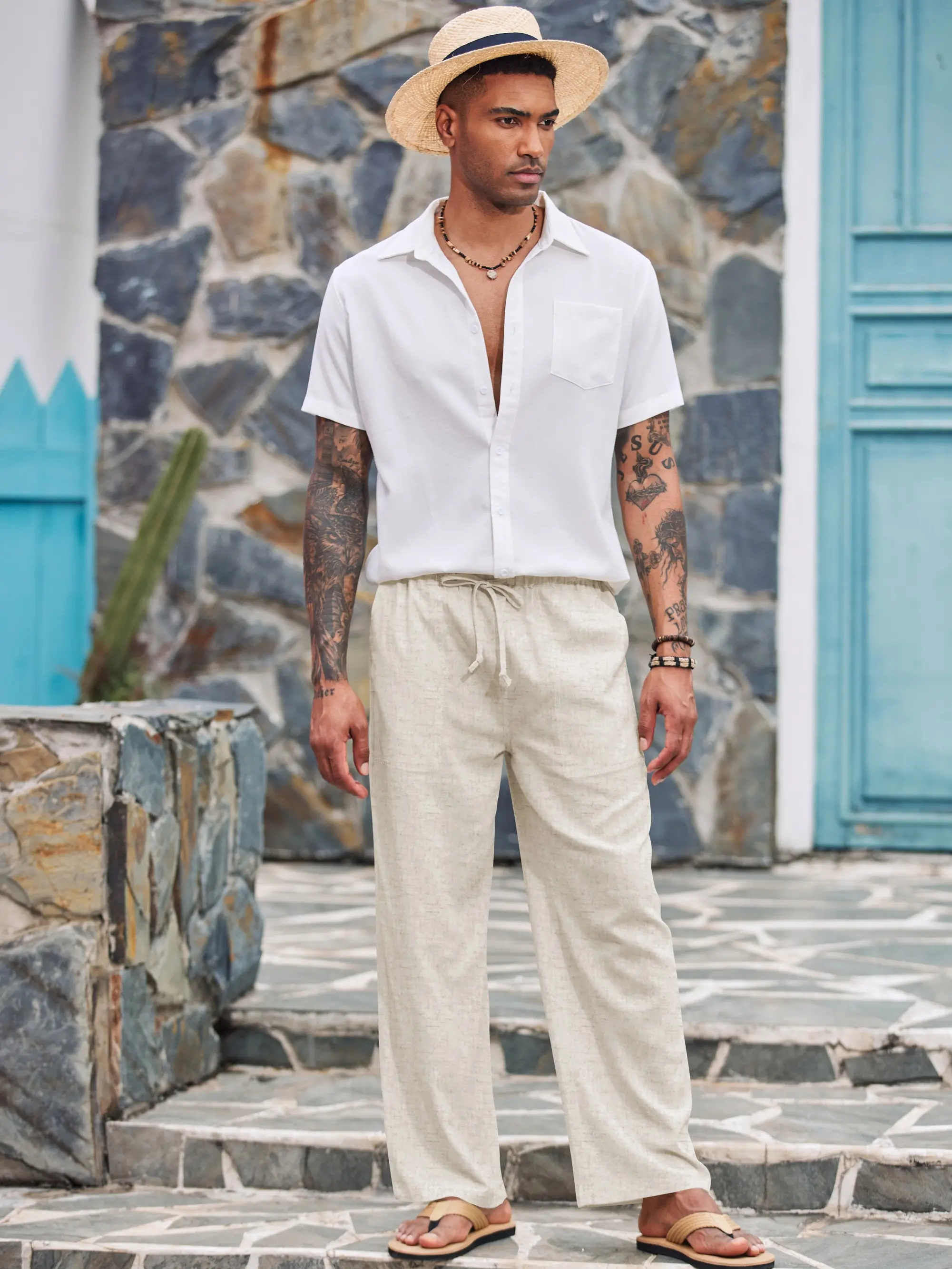 New York Fashion Week Linen Yoga Elastic Beach Vacation Pants Cotton Fabric Bottom Breathable Drawstring Light Loose Comfort Fit Adjustable Summer Trouser