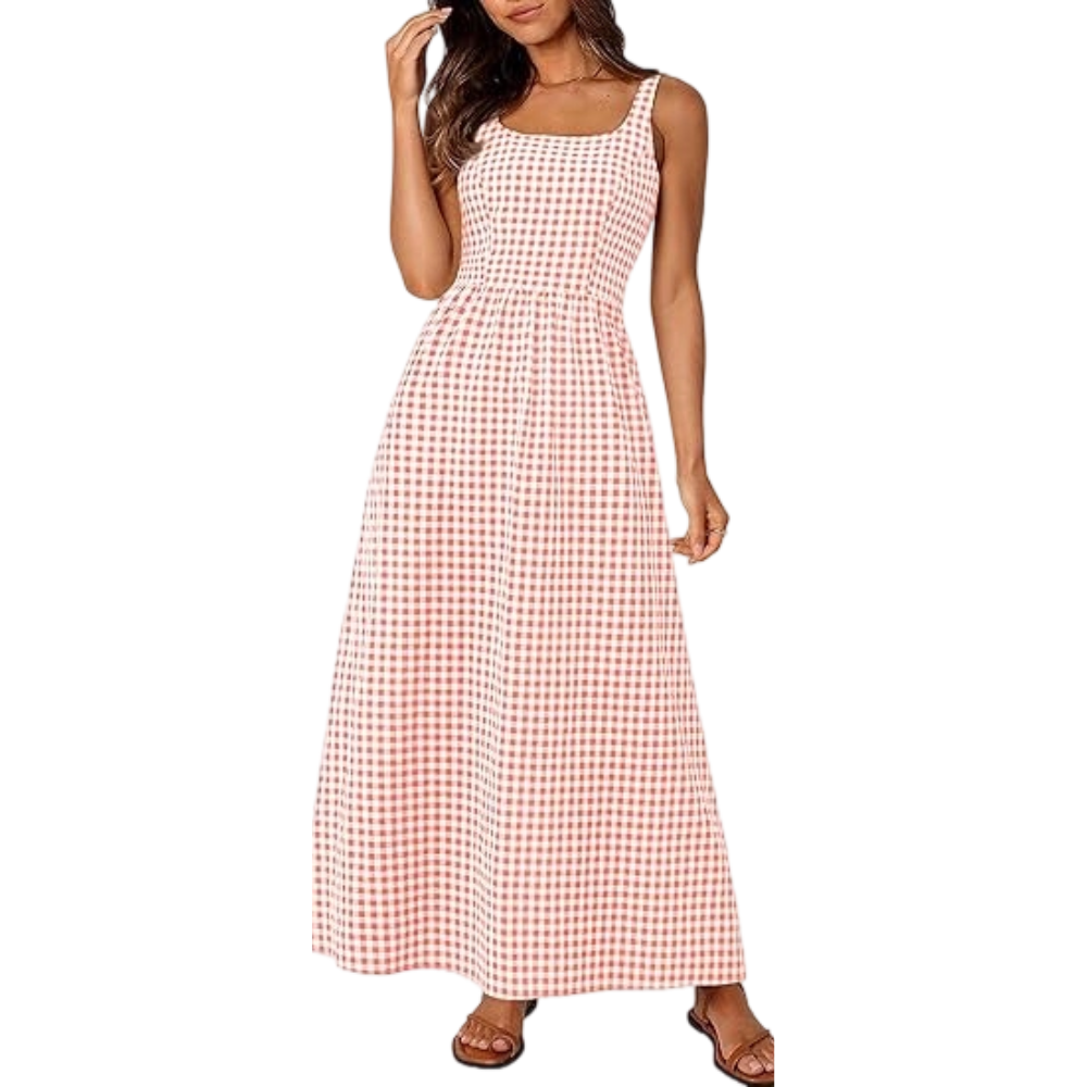 Women's Plaid Square Neck Maxi Dress, Spaghetti Strap A-Line Casual Beach Sundress