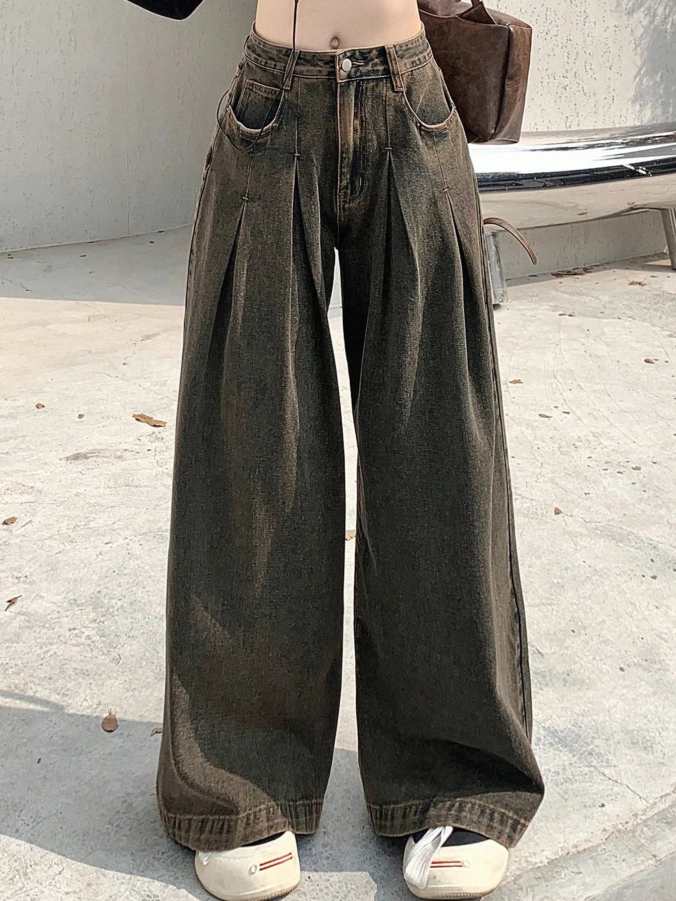 Rustic Cocoa Pleated Extra Wide Leg Jeans
