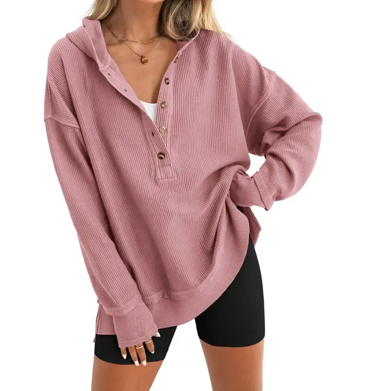 Womens Oversized Button Up V Neck Sweatshirt