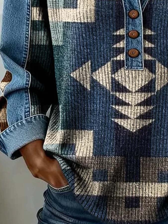 Women'S Casual Color-Block Printed Patchwork Pullover Sweatshirt