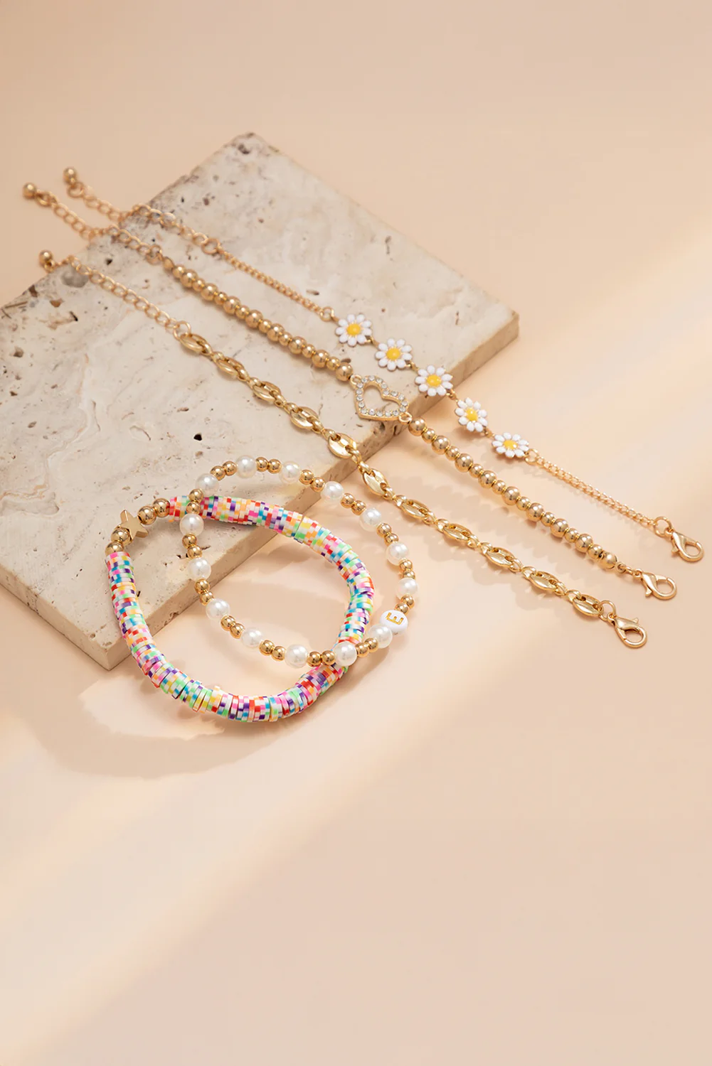 Gold Daisy Heart Pearl Beaded Multi Layer Bracelet