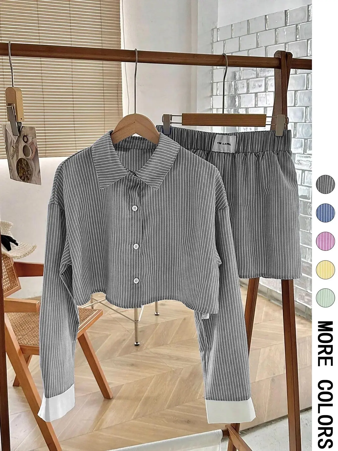 Women's Striped Print Button Front Shirt & Shorts Two-Piece Set