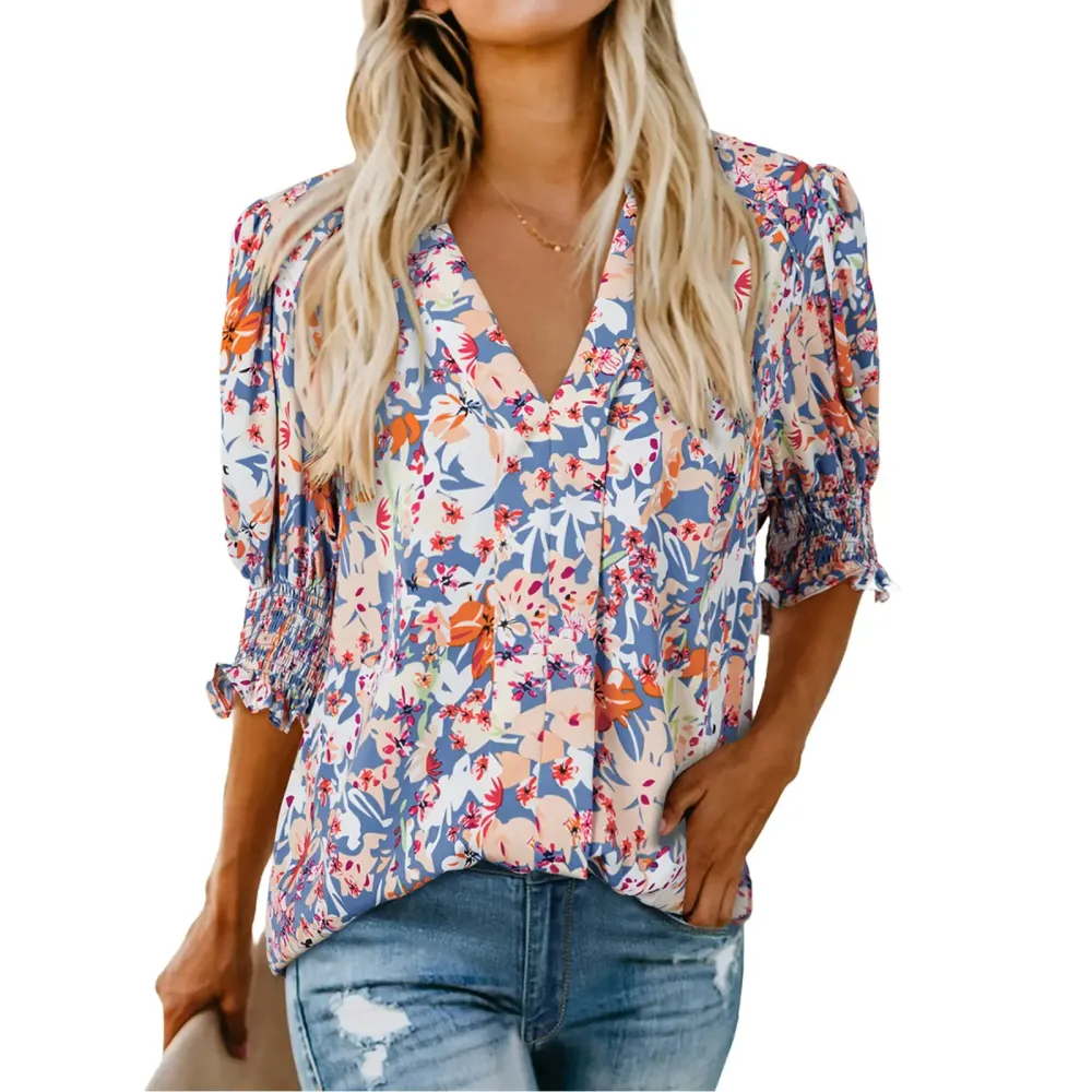 Womens Graphic Solid V Neck T Shirts Tops Casual Ruffle Short Sleeve Blouses Boho Floral