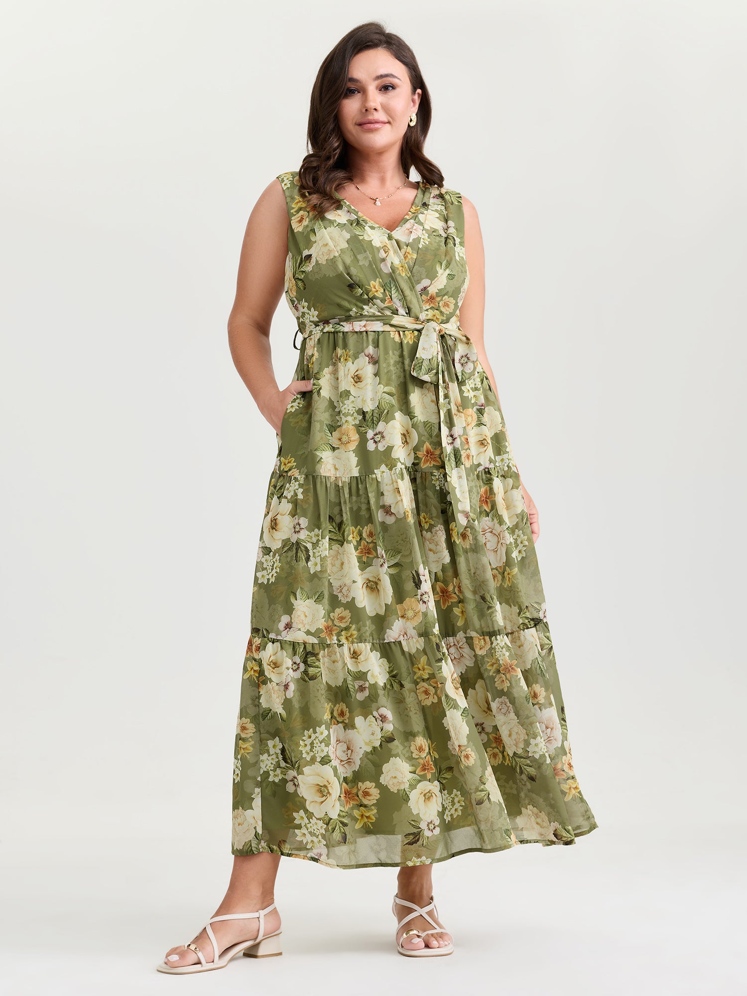 Large Floral Print Waist-Tie Tiered Maxi Dress