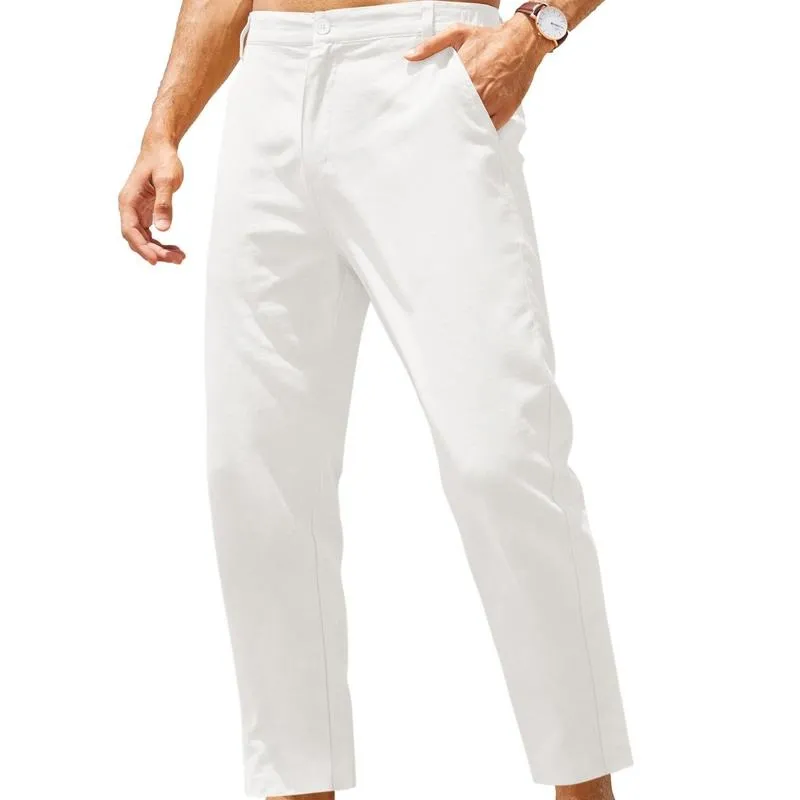 Men's Cotton Linen Pants Elastic Waist Lightweight Casual Pants Slim Fit Yoga Beach Pants