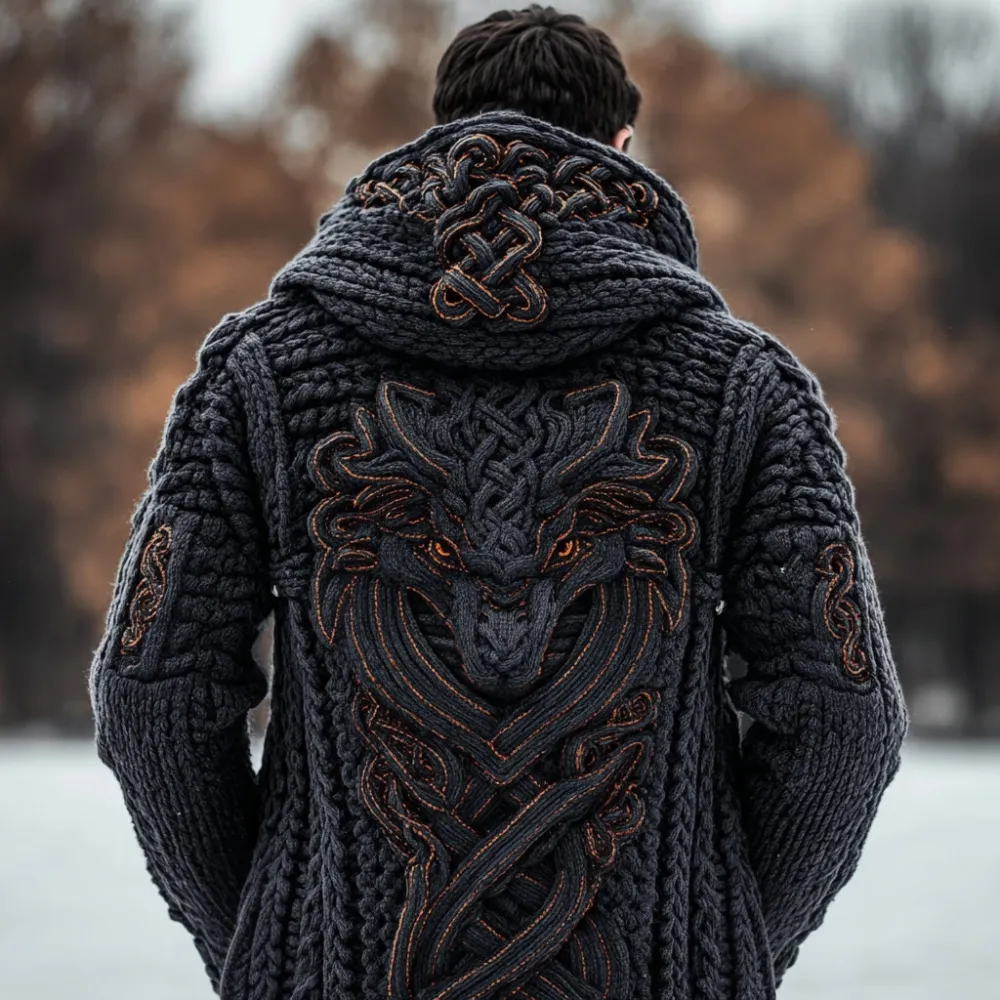Men's Viking Inspired Celtic Dragon Hooded Sweater Cardigan