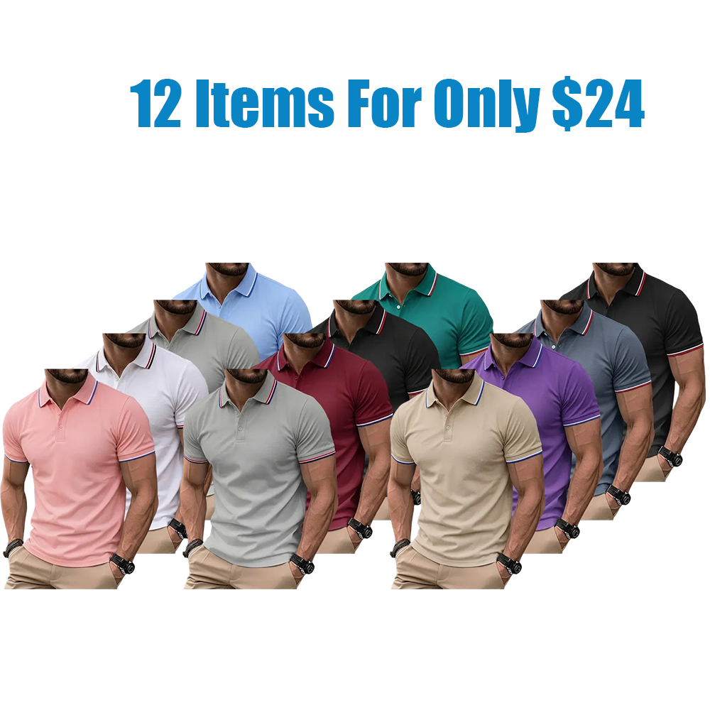 Men’s Short-Sleeve T-Shirt Pack of 12 – Solid Color, Turn-Down Collar Design, Slim Fit, Business Casual, Comfortable Undershirt