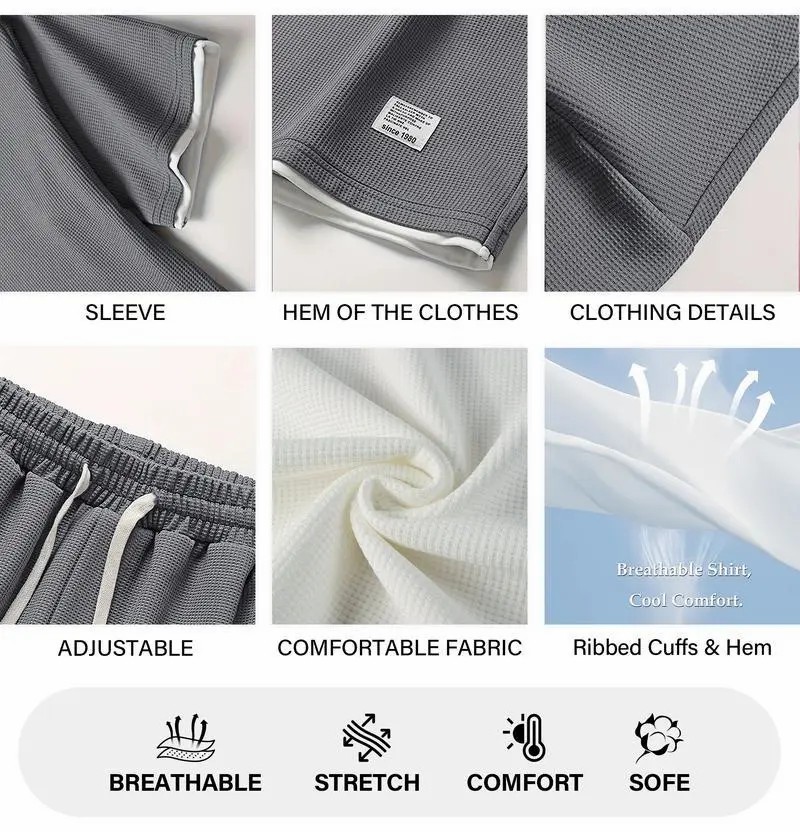 Men's Waffle Knit Two-Piece Set – Breathable Short Sleeve & Drawstring Shorts