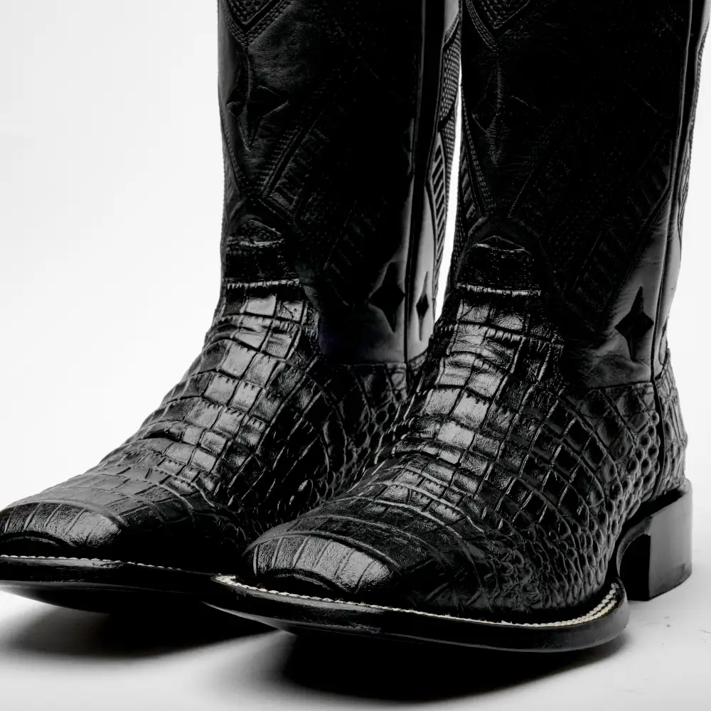 Total Black Caiman Belly Leather Boots - Square Toe