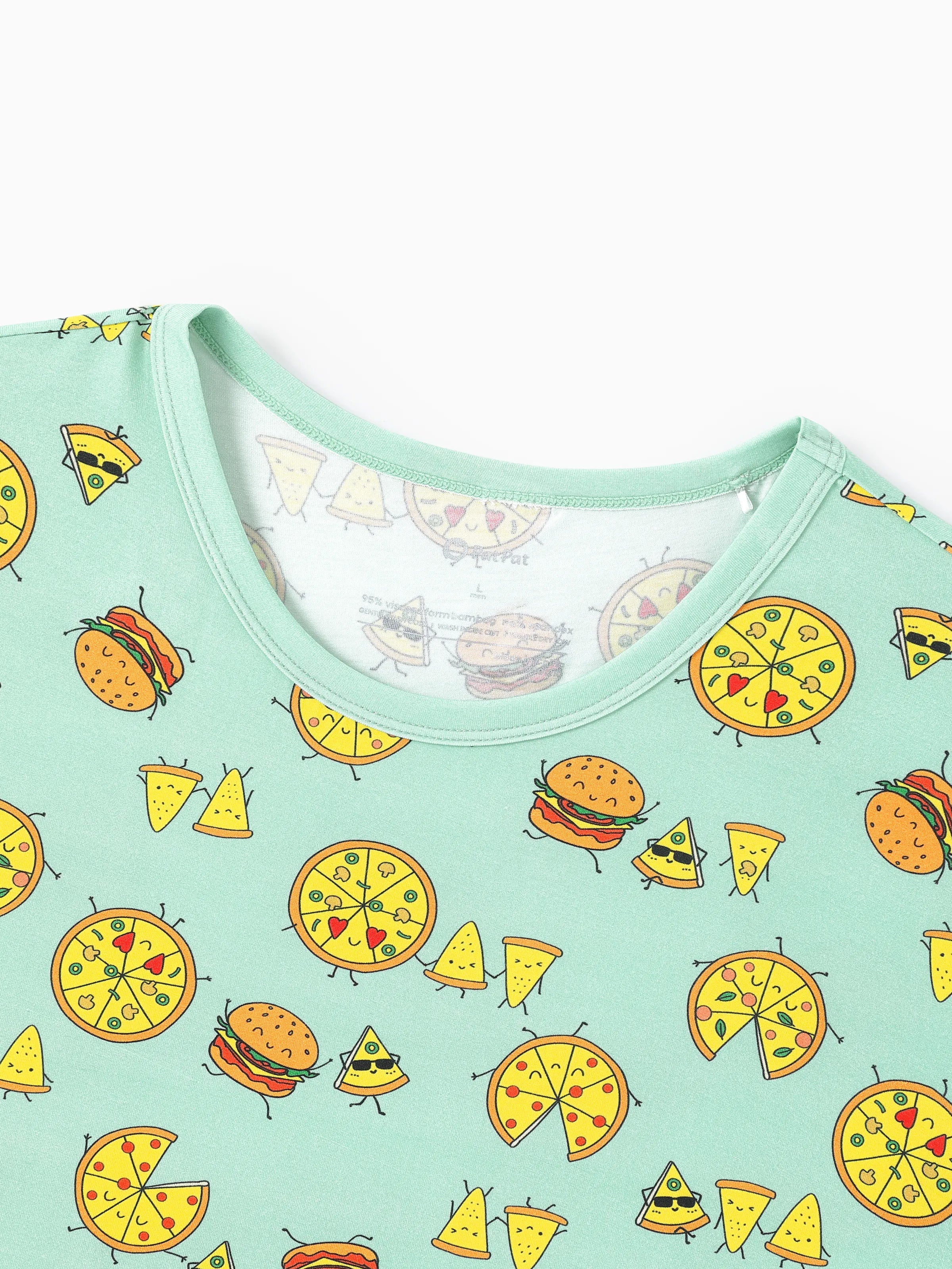 Bamboo Family Mint Green PJs Cute Cartoon Food Theme Print Short Sleeve & Long Pants Sleepwear Matching Pajama set (Snug-Fitting for Children) Light Blue