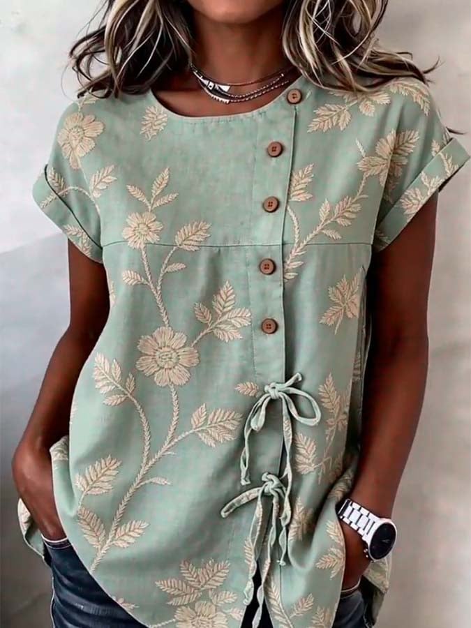 Women'S Casual Printed Tie-Waist Button-Up Top