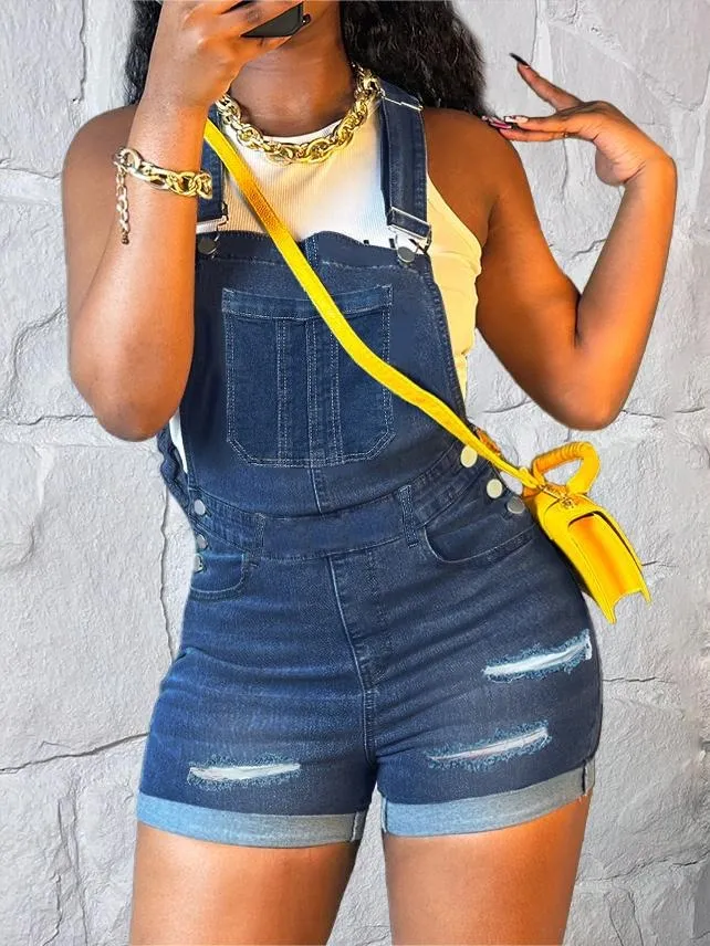 Women's Ripped Denim Bib Shorts - Dark Wash & Adjustable Straps