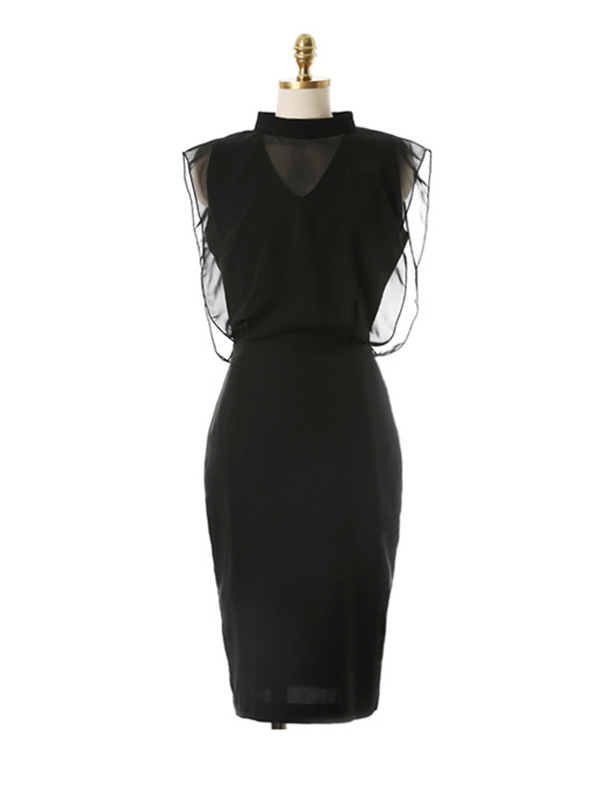 Gauze Hollow See-Through Split-Joint Zipper Loose Sleeveless Stand Collar Midi Dresses Evening Dresses