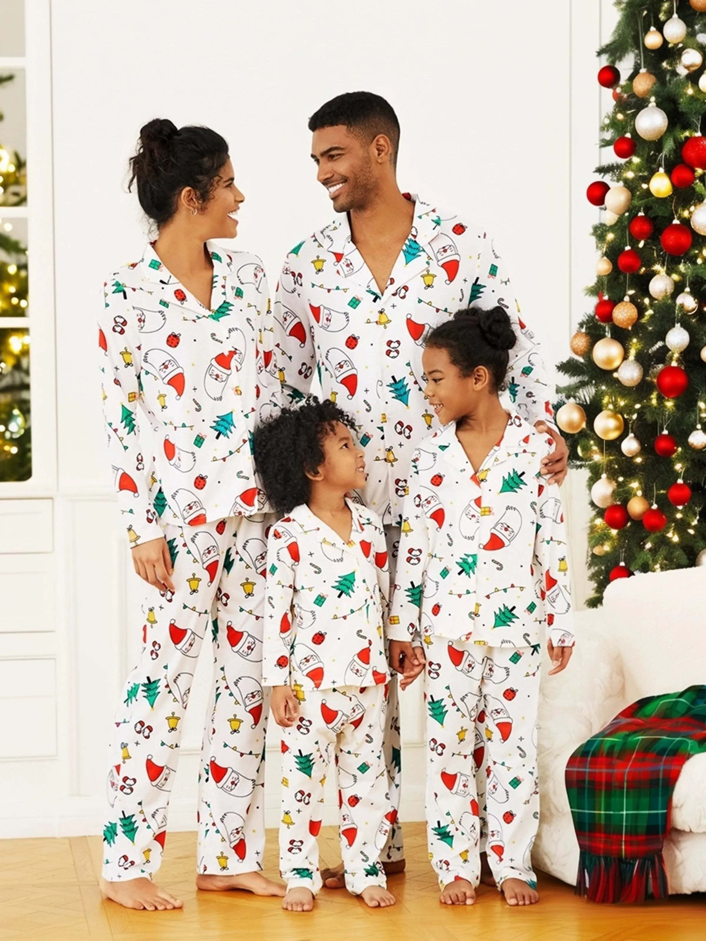 Christmas Family Matching Colorful Festival Theme Print Long Sleeve Pajamas Sets with Christmas Socks White