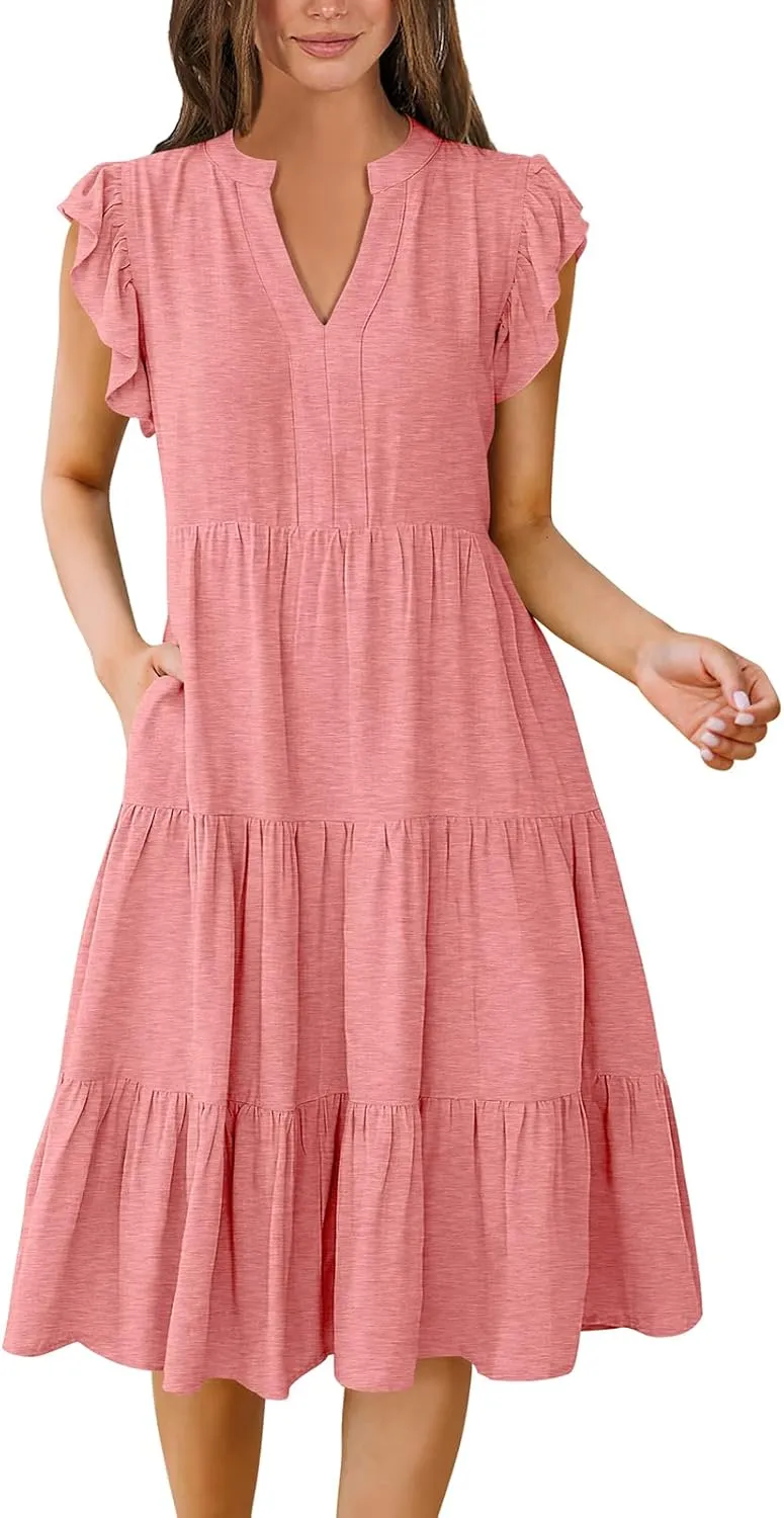 Women's Ruffle Sleeve V-Neck Tiered Midi Dress