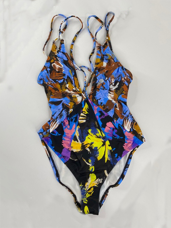 Spaghetti-Neck Deep V-Neck Floral-Print One-Piece Swimwear