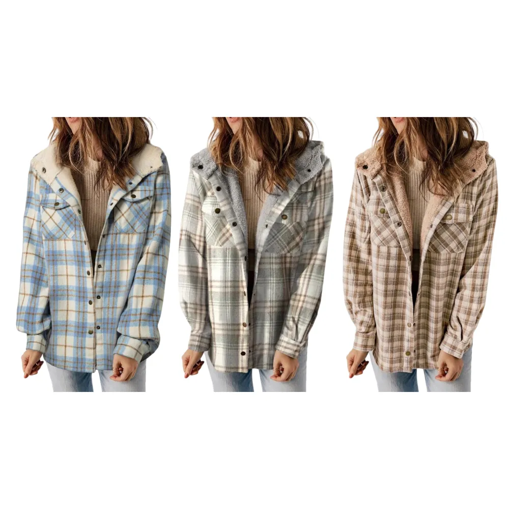 Women's Plaid / Houndstooth Print Button Front Hooded Coat