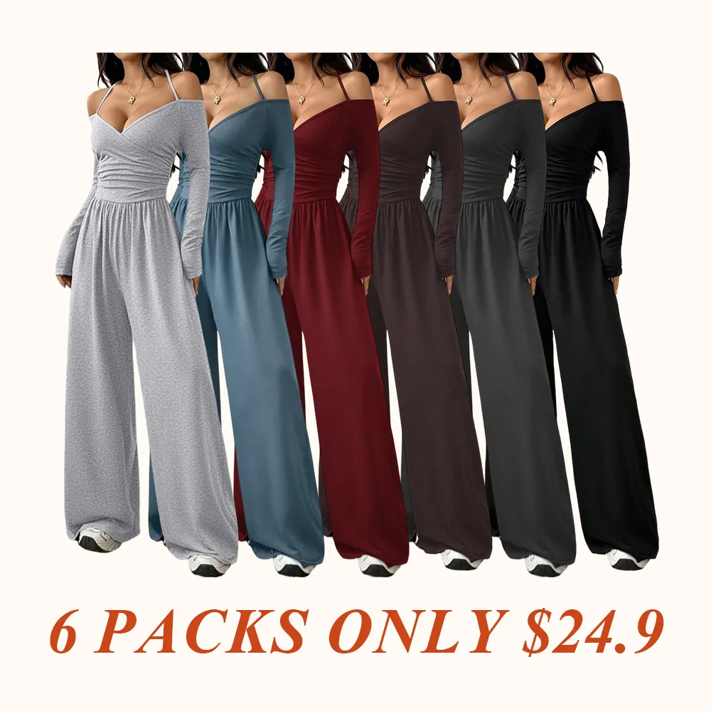 Women's Casual Solid Color Ruched Wide Leg Jumpsuit with Halter-Neck, Stylish and Comfortable Jumpsuit for Daily Wear