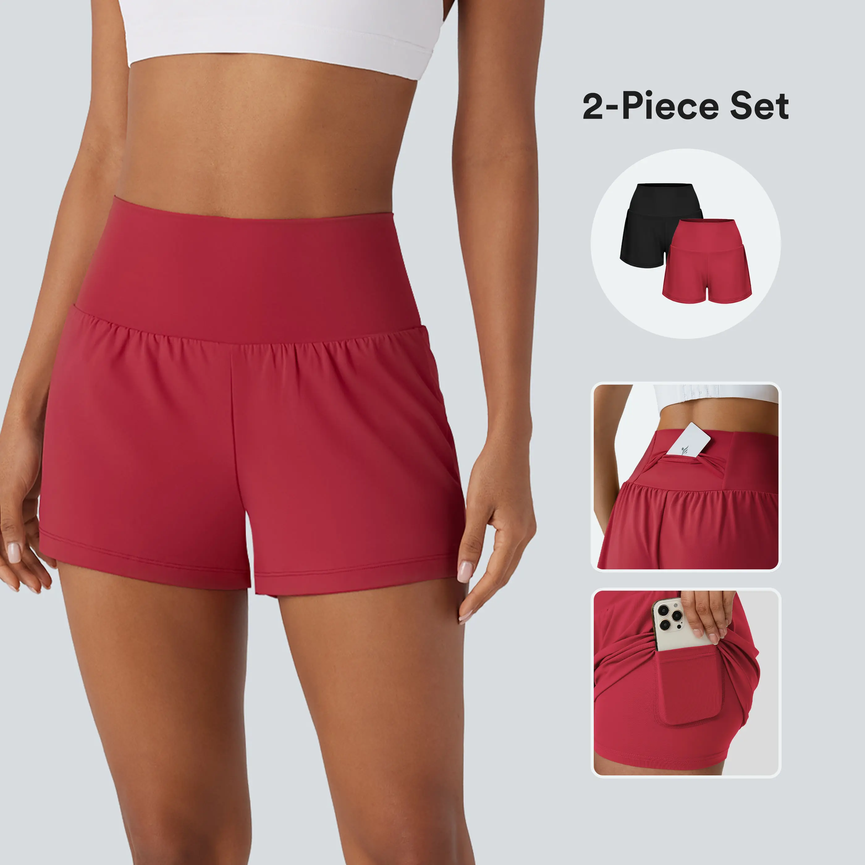 High Waisted Back Pocket & Side Hidden Pocket 2-in-1 Yoga Shorts 3