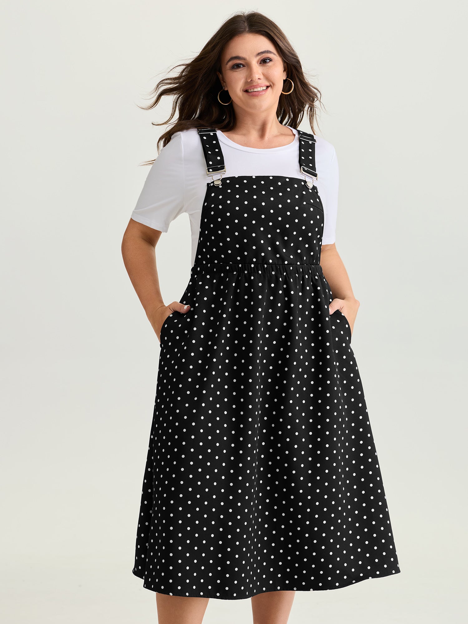 Polka Dots Print Adjustable Overall Midi Dress