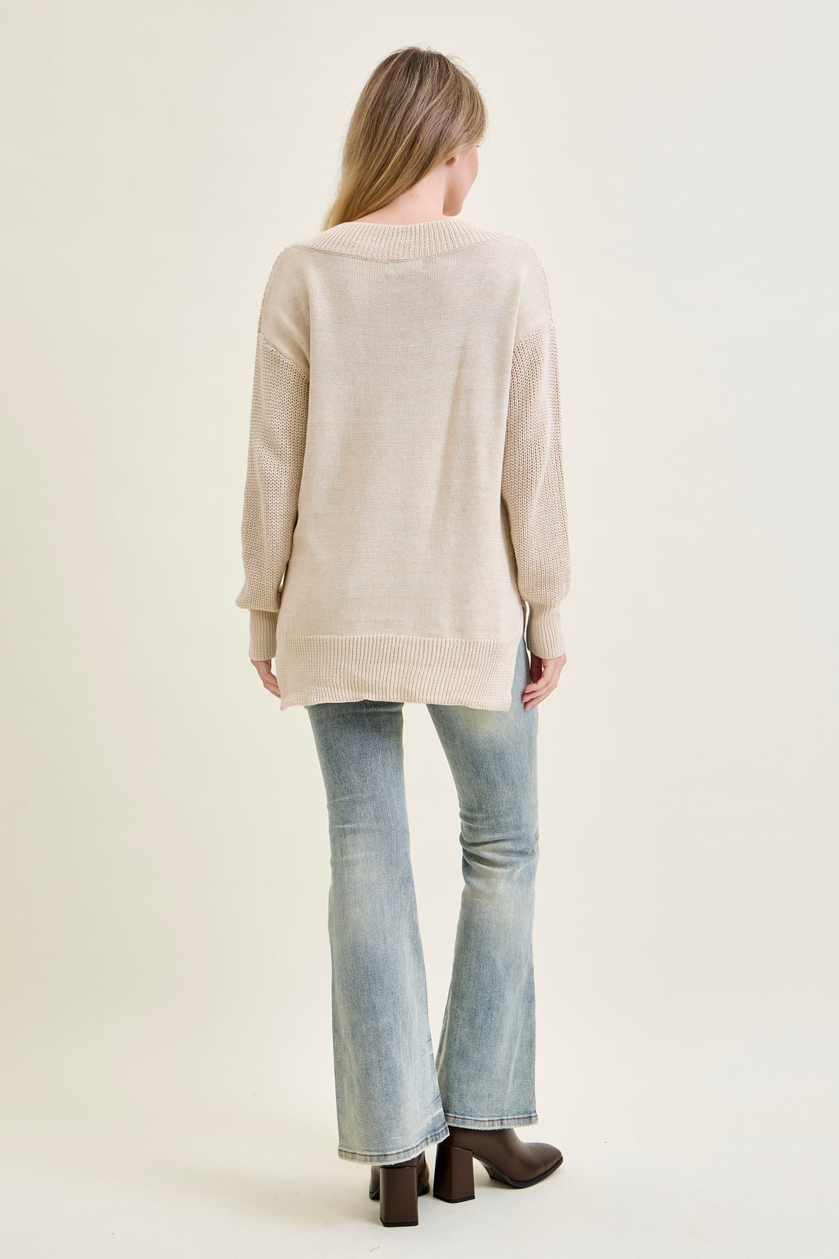 Slouchy V-Neck Off Shoulder Beige Sweater
