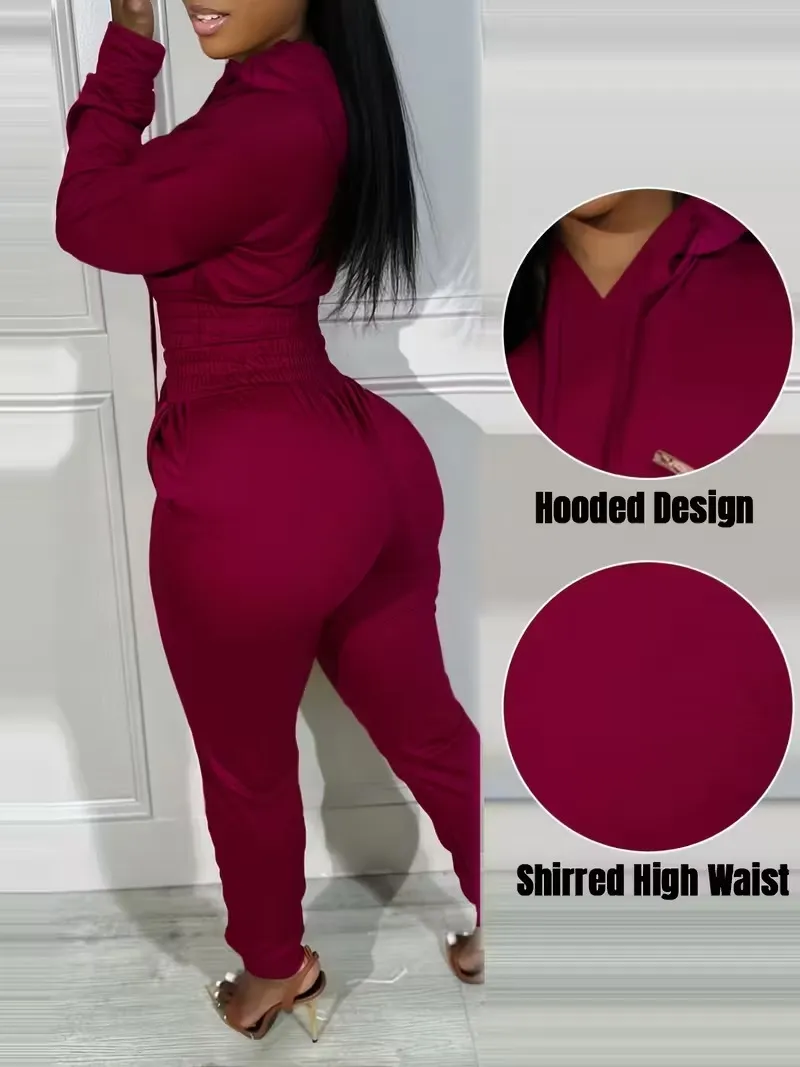 Womens 2 Piece Outfits Lounge Hoodie Shirred Waist Pocket Design Sweatshirt