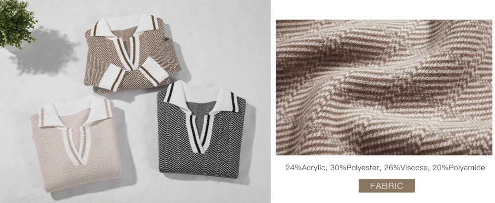 Womens V Neck Knit Sweater Color Block Long Sleeve