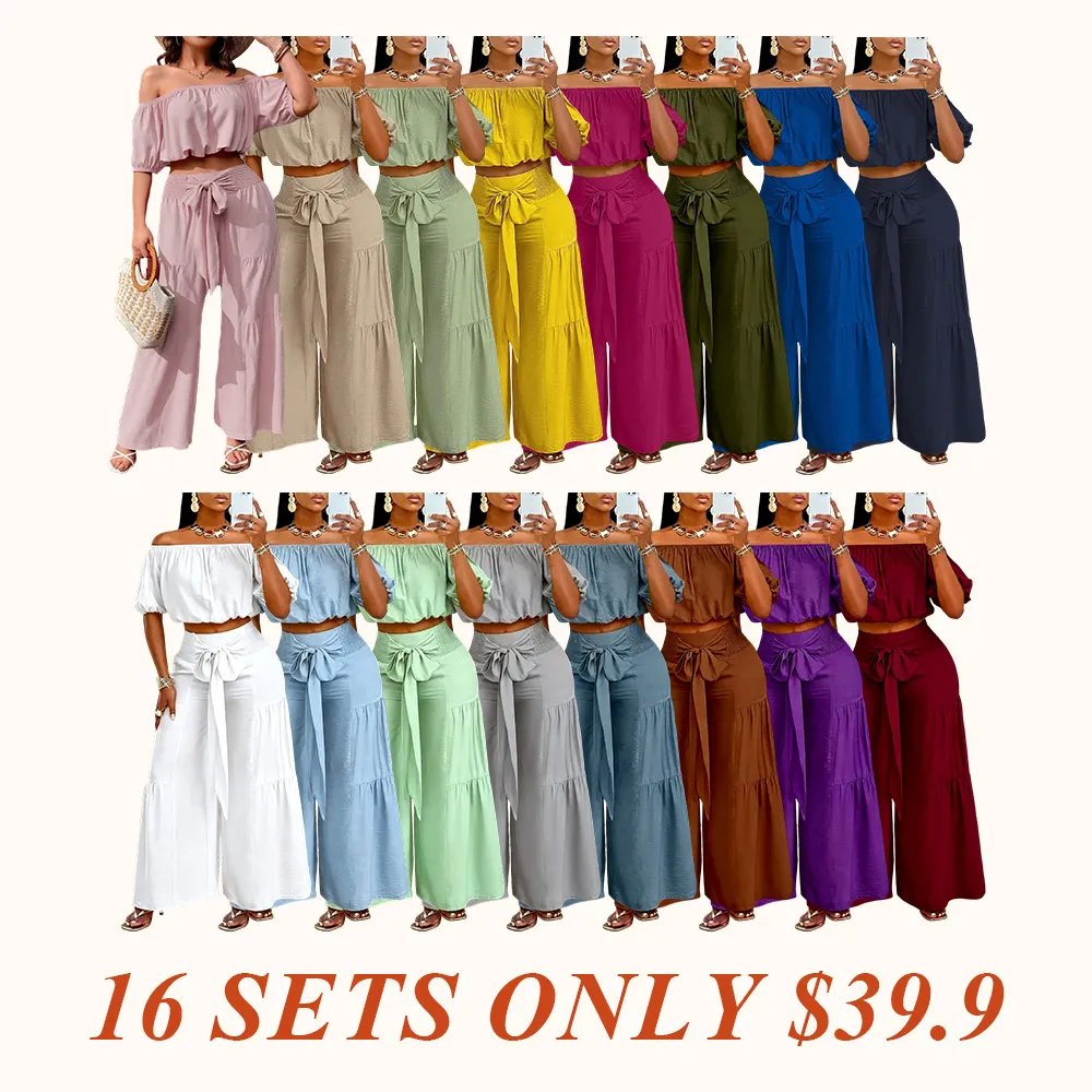 Women's Solid Color Top & Wide Leg Pants Set, Casual Off Shoulder Top & Palazzo Pants for Summer