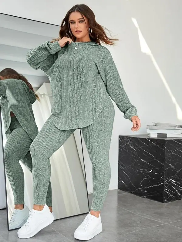 Plain Split Curved Hem Hoodie & Leggings Lounge Two-piece Set