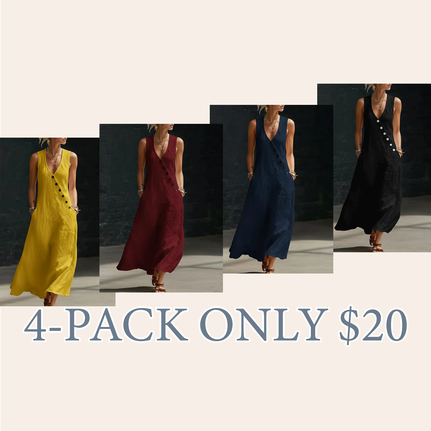 Women’s Sleeveless Linen Maxi Dress – V-Neck Button Detail with Pockets