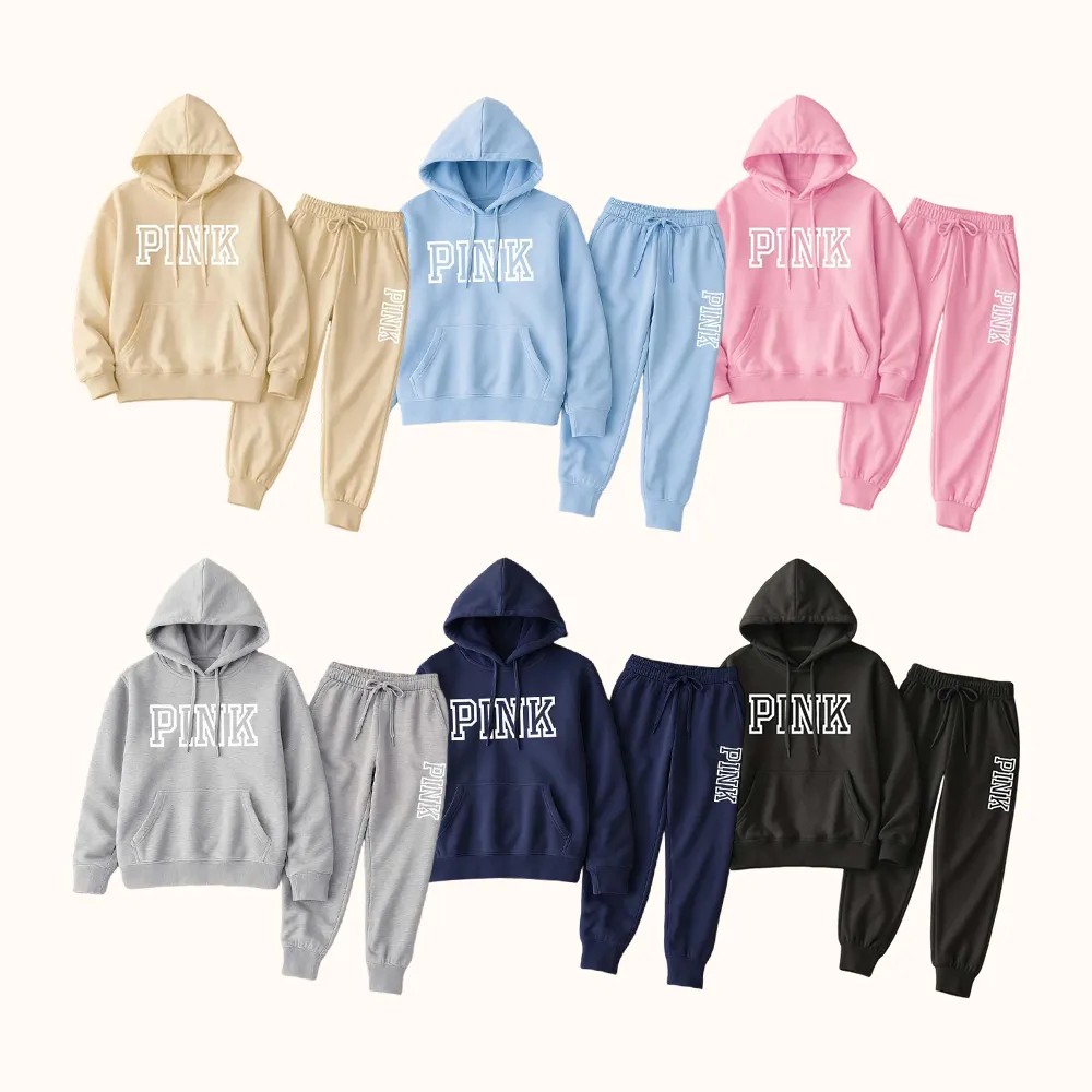 Women's Pink Print Hoodie And Drawstring Track Pants Set, Casual Sportswear