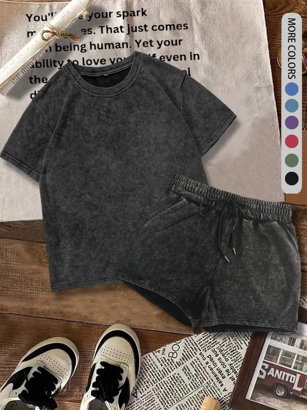 Women's Solid-Color Faux-Denim Print T-Shirt and Shorts Two-Piece Set