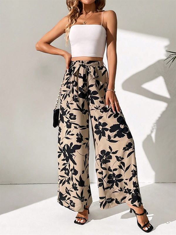 Elasticity Flower Print Tied Waist High Waisted Loose Trousers Pants