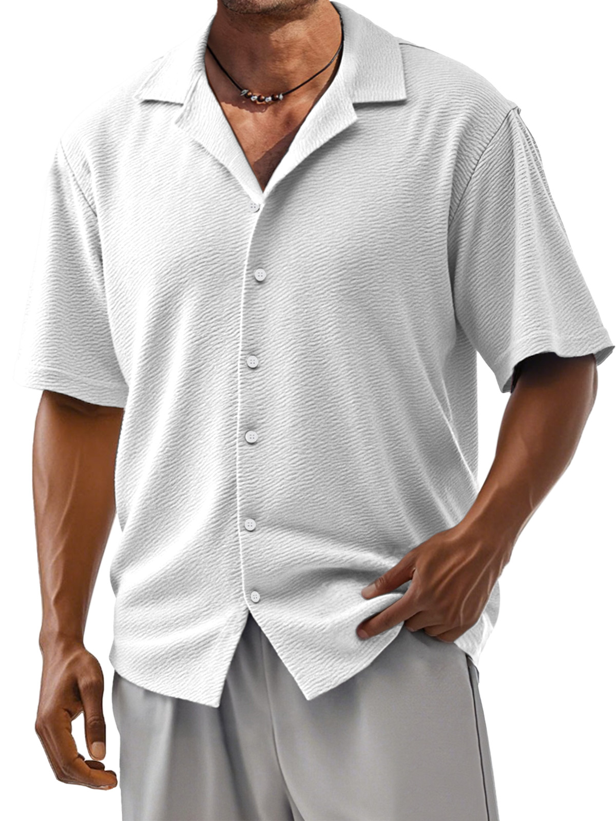 Men's Loose Solid Color Comfortable Texture Short-Sleeved Cuban Collar Shirt