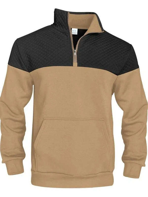 Men's Fall/Winter Patchwork Design Casual Stand-Up Collar Zipper Hoodie Stylish Commuter Sweatshirt