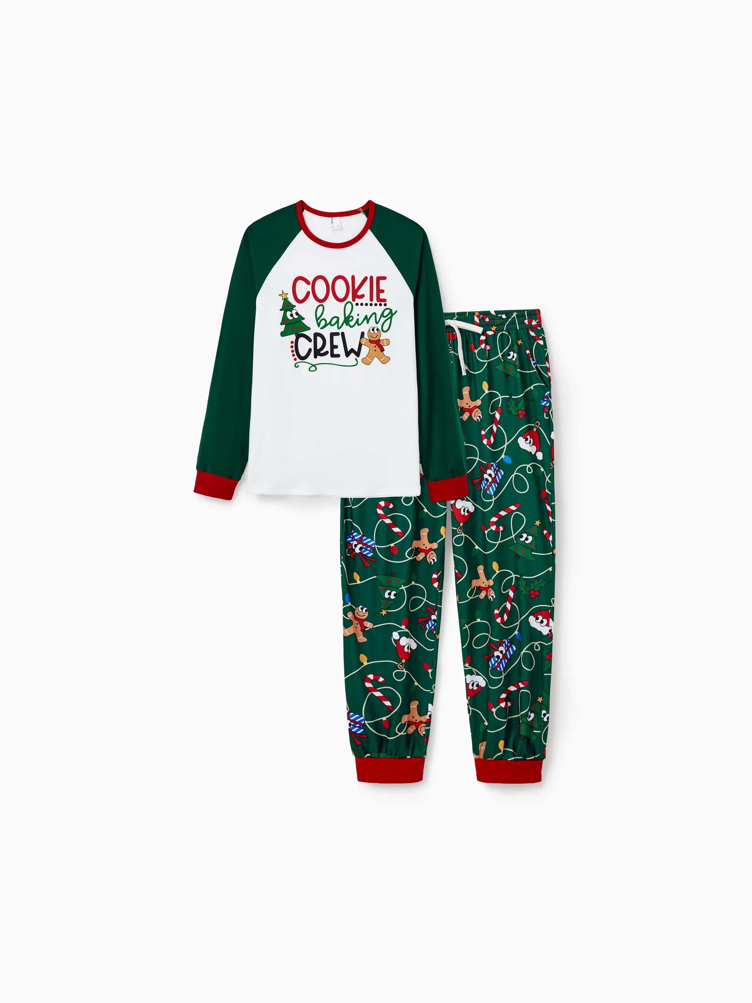 Christmas Matching Family Pajamas Set Gingerbread and Christmas Tree Green and White PJS with Christmas Socks Dark Green
