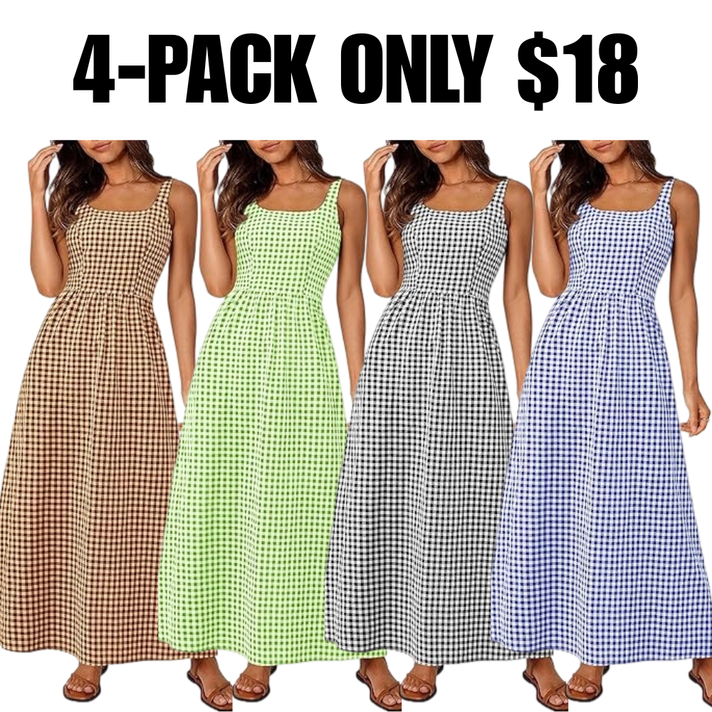 Women's Plaid Square Neck Maxi Dress, Spaghetti Strap A-Line Casual Beach Sundress