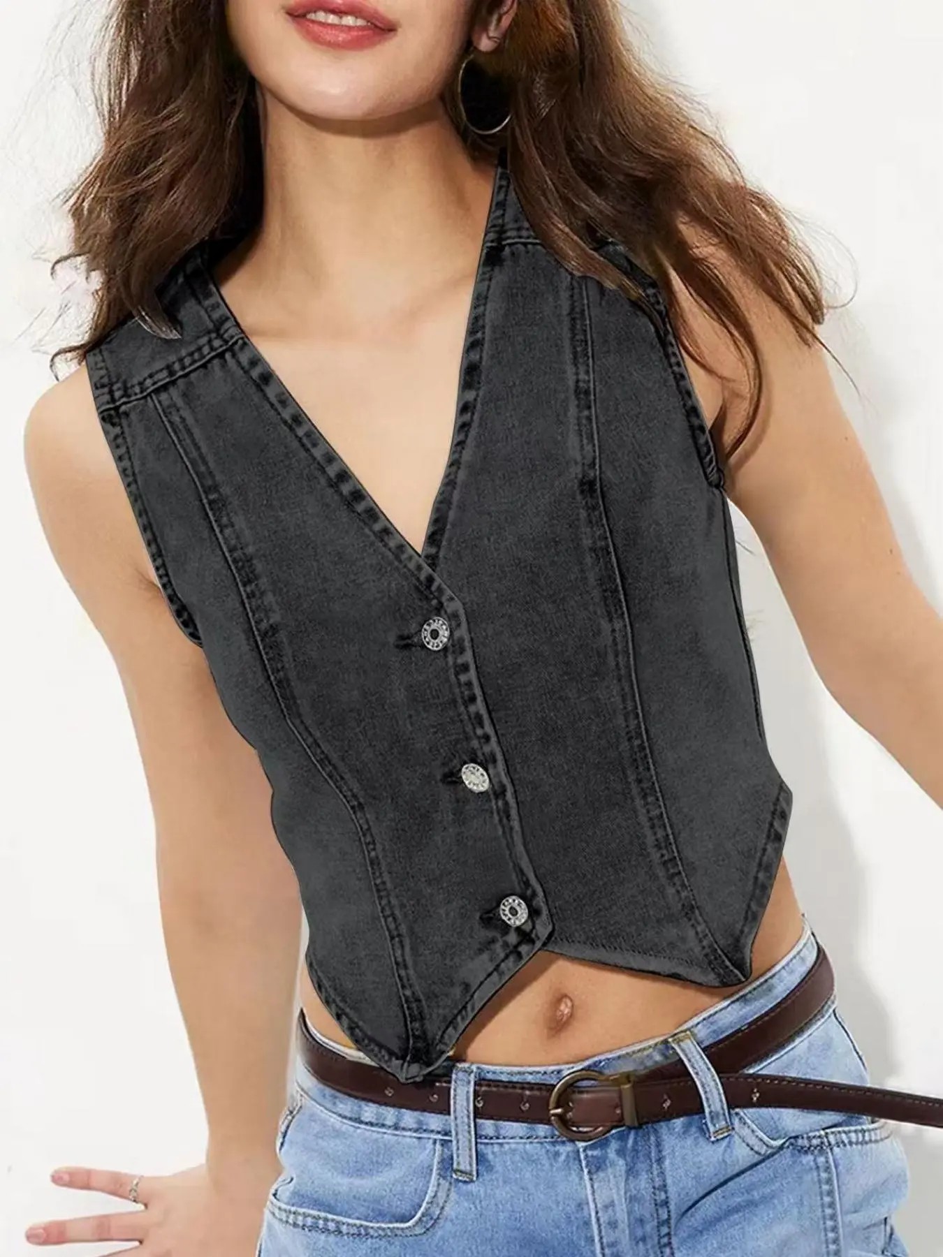 Women's Light Wash Denim Vest – Button Fly V Neck Sleeveless Tank Top