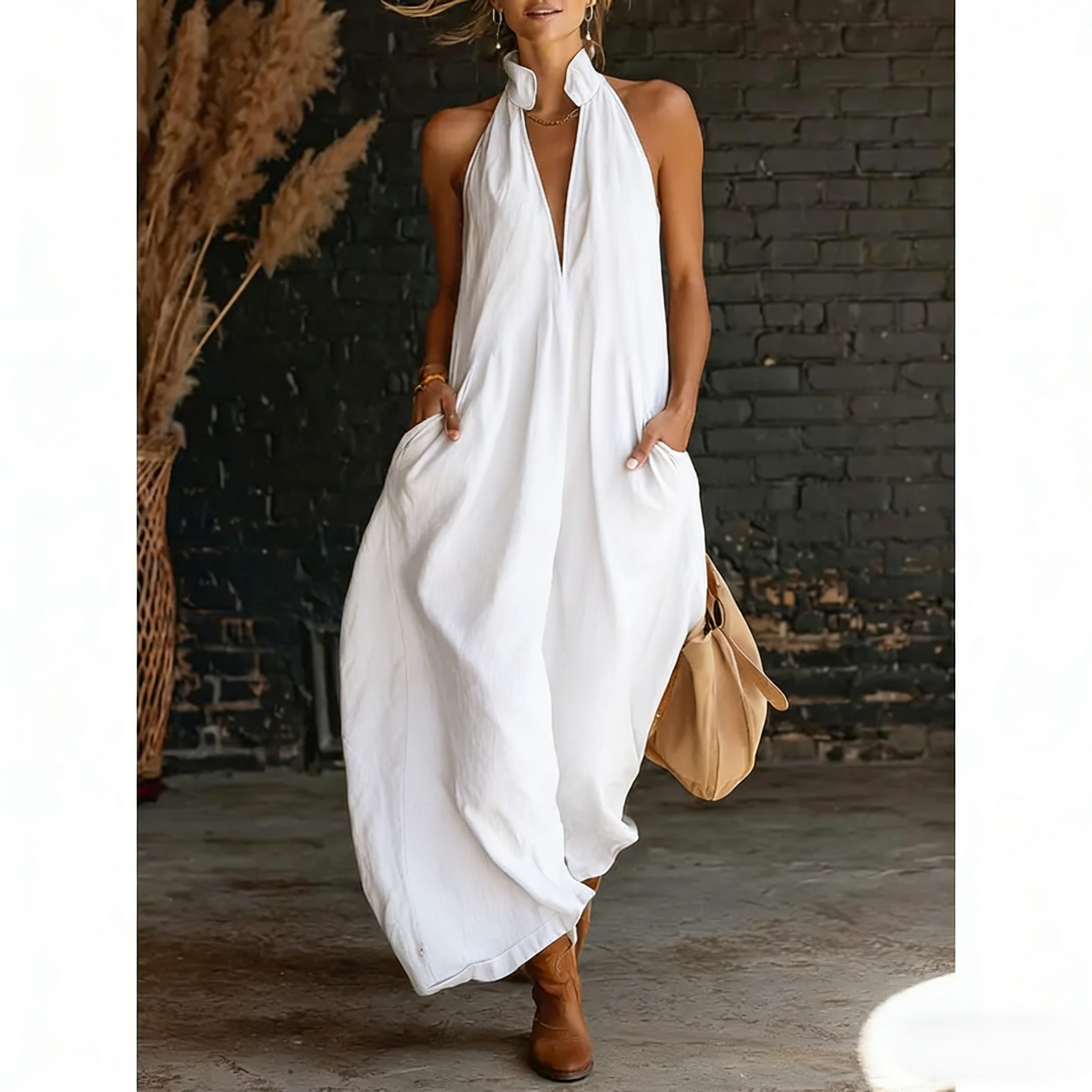 2026 Minimalist Halter Neck Maxi Dress | Casual Loose Fit Pocket Dress | Effortless Summer Outfit for Women