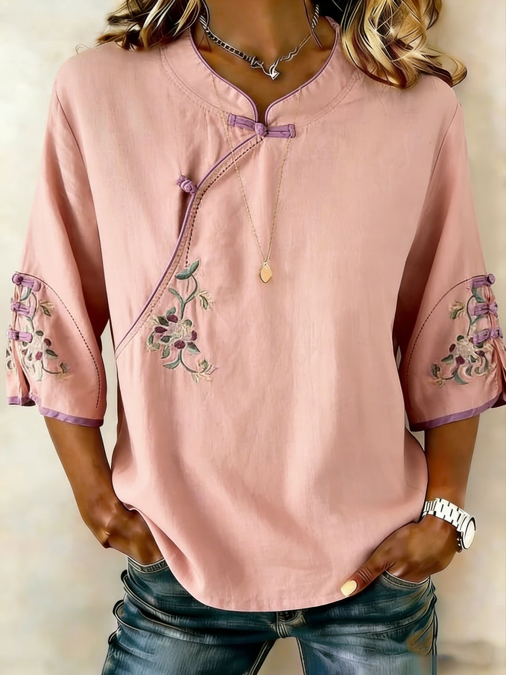 Women's Retro Floral Diagonal Placket Button Cotton Linen Three-Quarter Sleeve Shirt