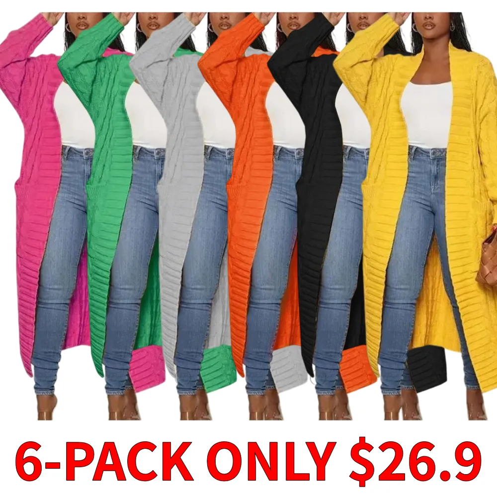 Women's solid color long cardigan with pockets