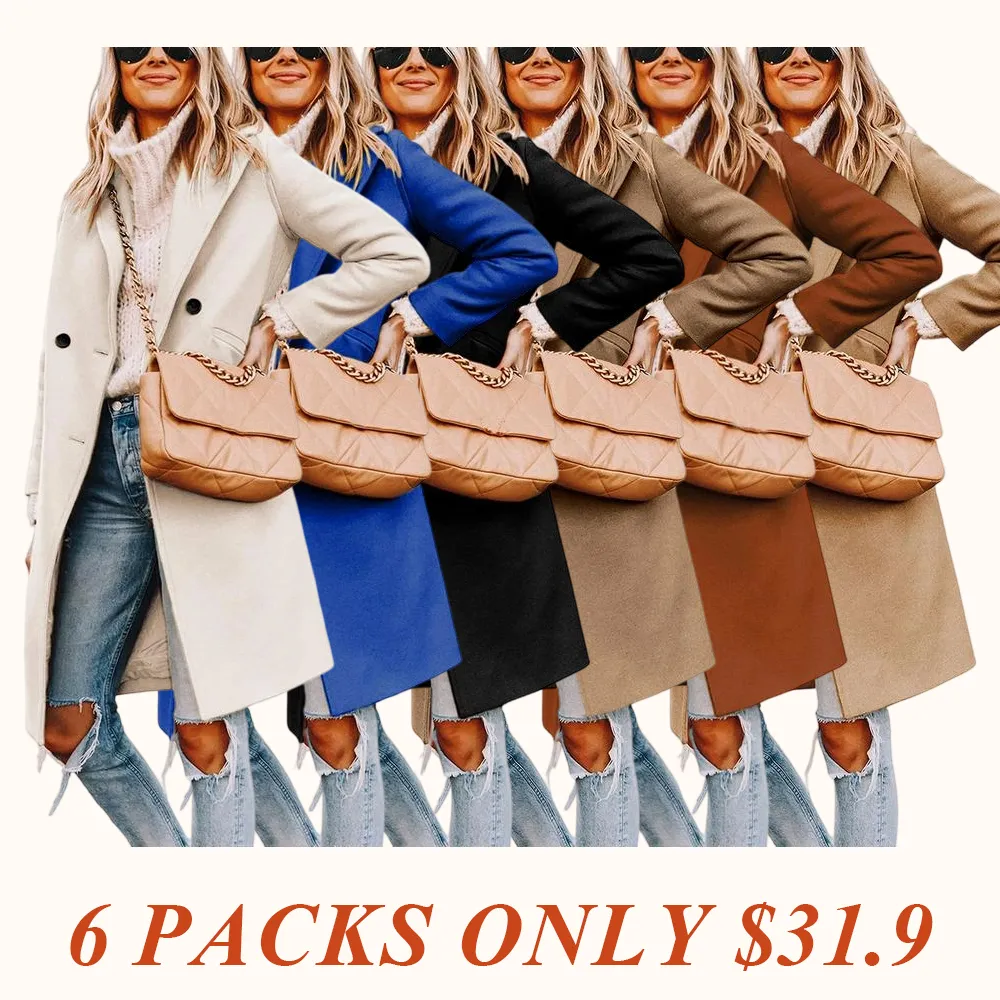 Women's Winter Notch Lapel Double Breasted Wool Blend Mid Long Pea Trench Coat