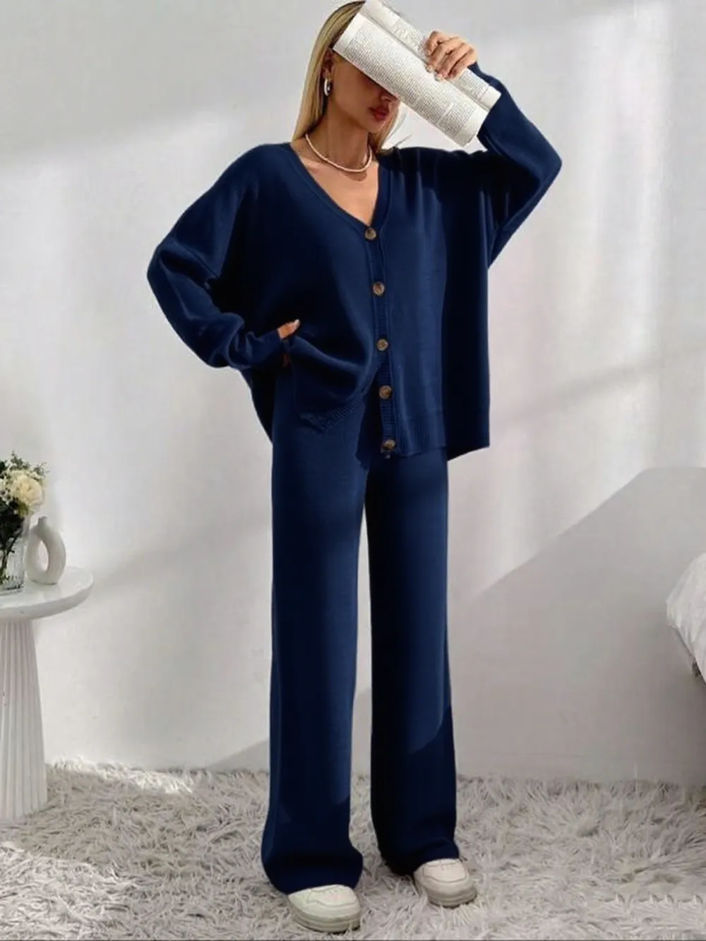 Women's  V Neck Cardigan & Elastic Waist Wide Leg Pants Two-piece Set
