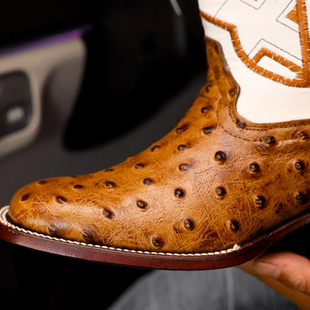Honey Ostrich Leather Boots - Square Toe